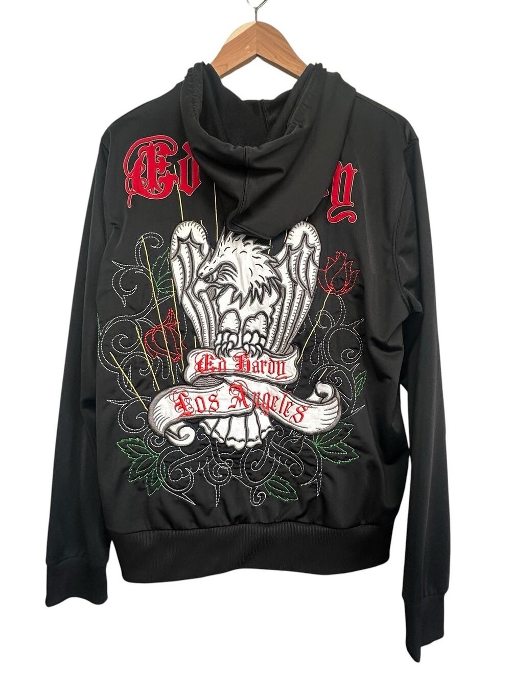 Vintage Y2K Ed Hardy Christian Audigier Black Embroidered Eagle Track Jacket XL